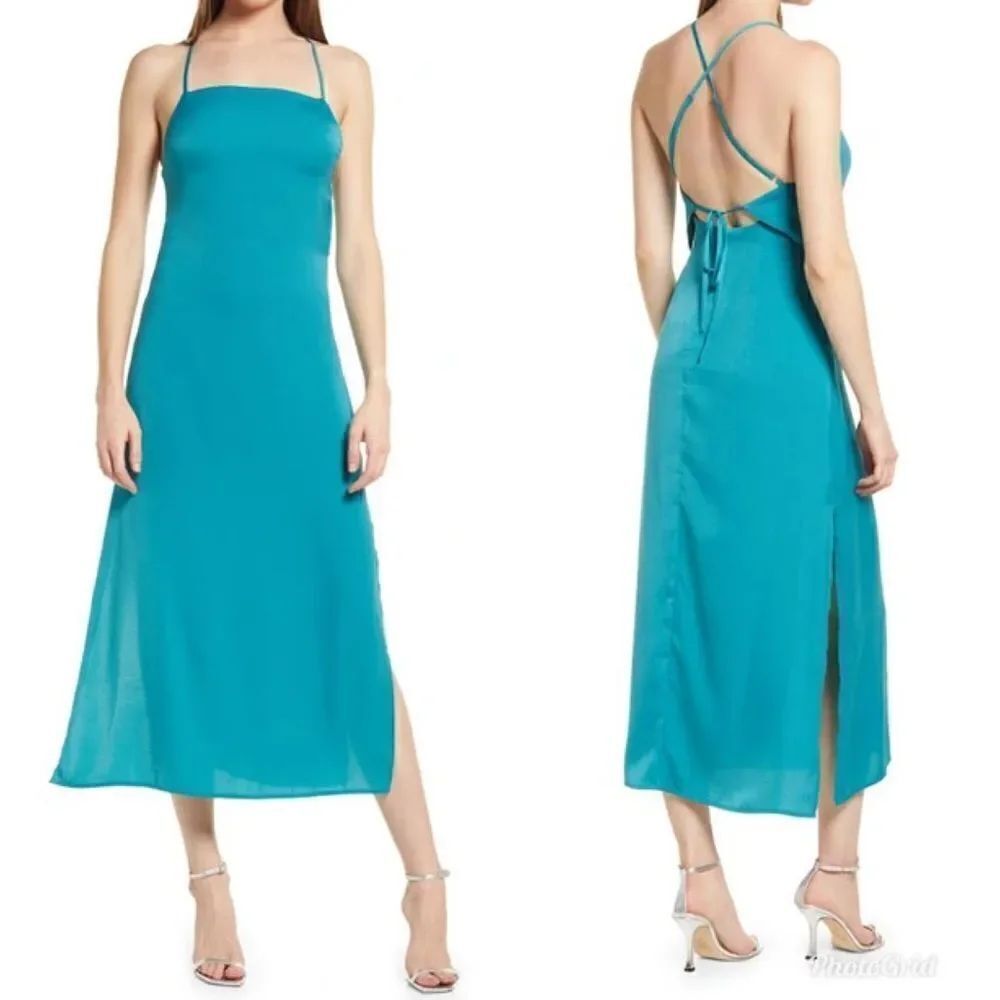 Revolve LULUS Power of Chic Tie Back Satin Evening Midi Dress
